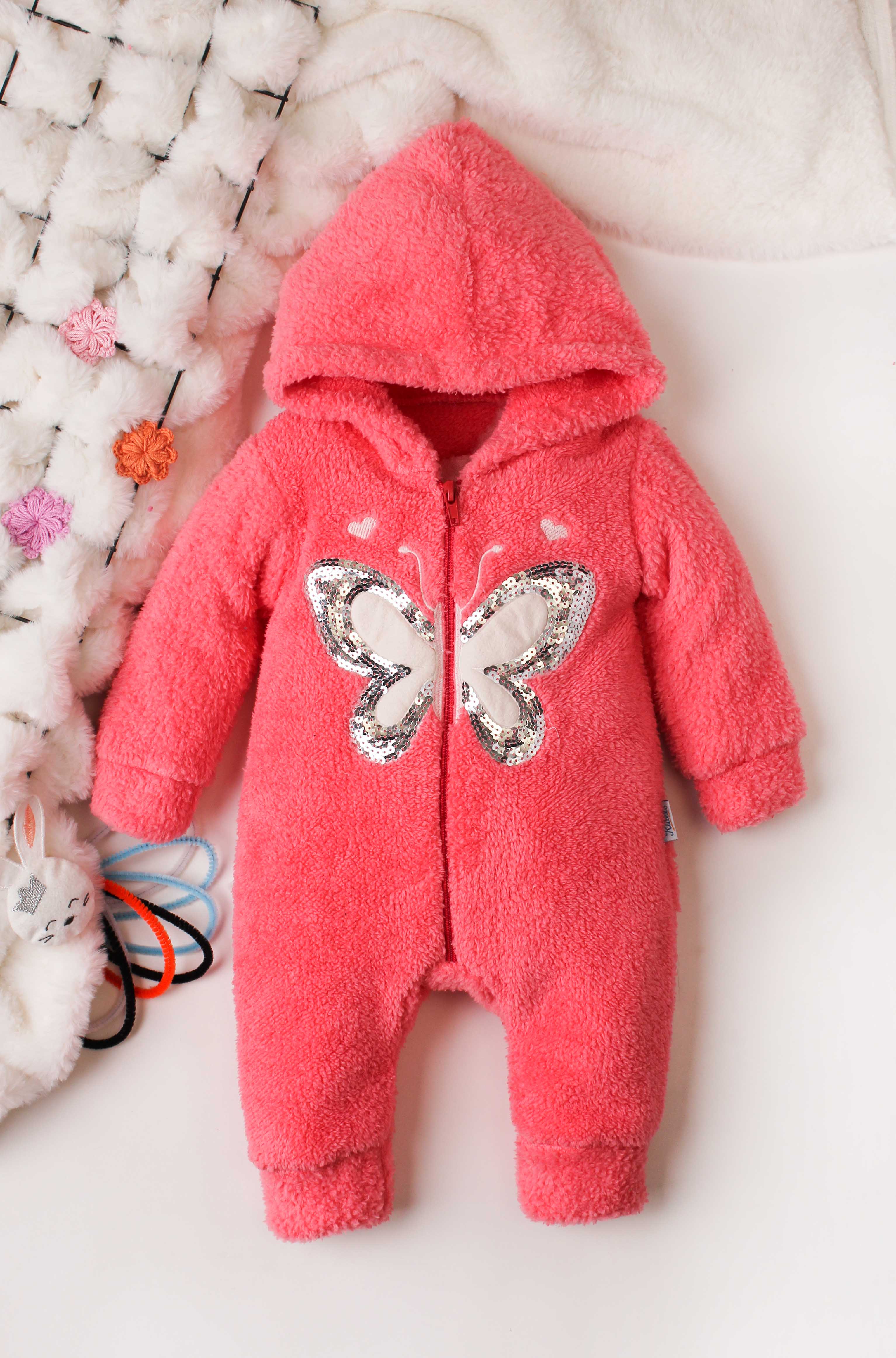 Kız Bebek Simli Kelebek Nakışlı Kapüşonlu Peluş Tulum Fermuarlı 0-12 Ay